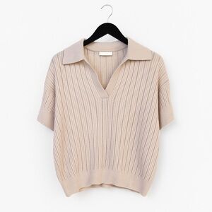 Sablyn Women’s Medium Mirabelle Relaxed Short Sleeve Polo Beige Lightweight Knit